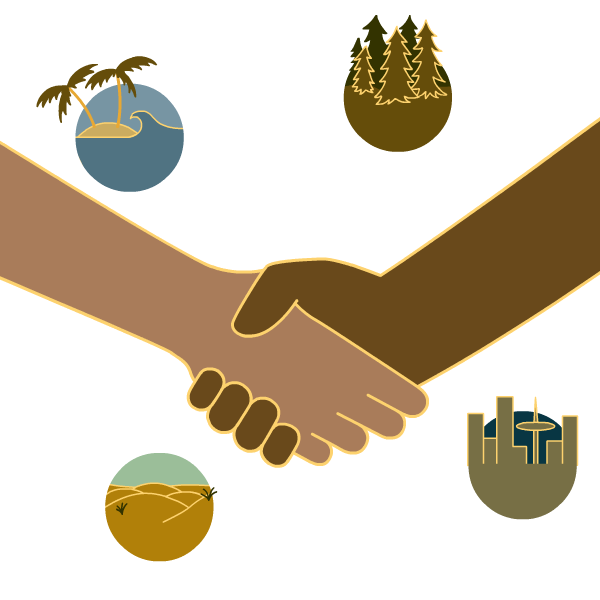 two people shaking hands surrounded by symbols for forests, beaches, deserts, and cities