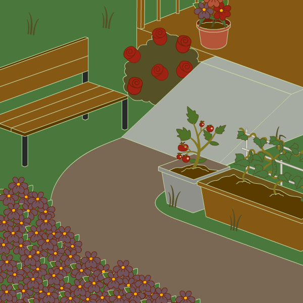 illustration of a garden with a bench, ramp to a path lined with planters and flowers